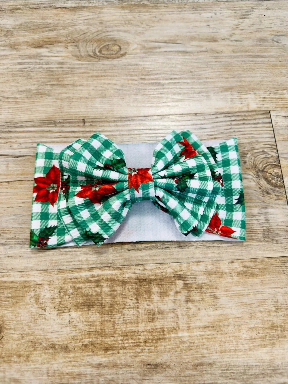 Baby Girl Christmas Green Gingham Poinsettia Big Headband Bow